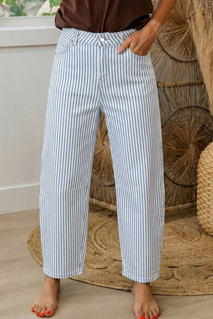Brown Stripe Casual Barrel Jeans