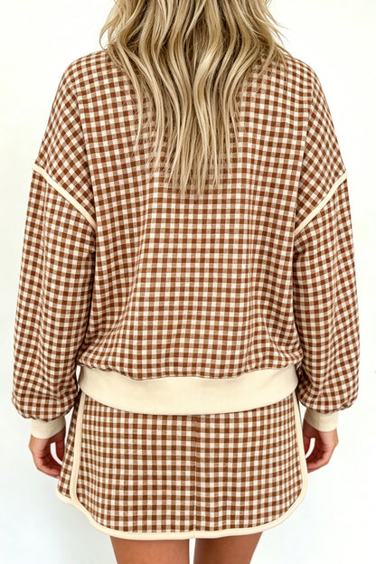 Red Gingham Oversized Ribbed Trim Crew Neck Long Sleeve Top and Skort Set