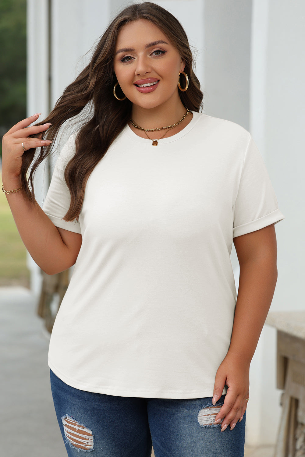 Yellow Cream Casual Plain Crew Neck Tee
