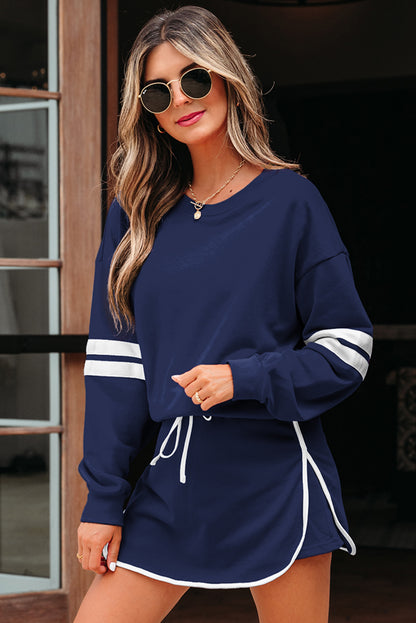 Evergreen Varsity Stripe Detail Drop Shoulder Pullover Mini Skirt Set