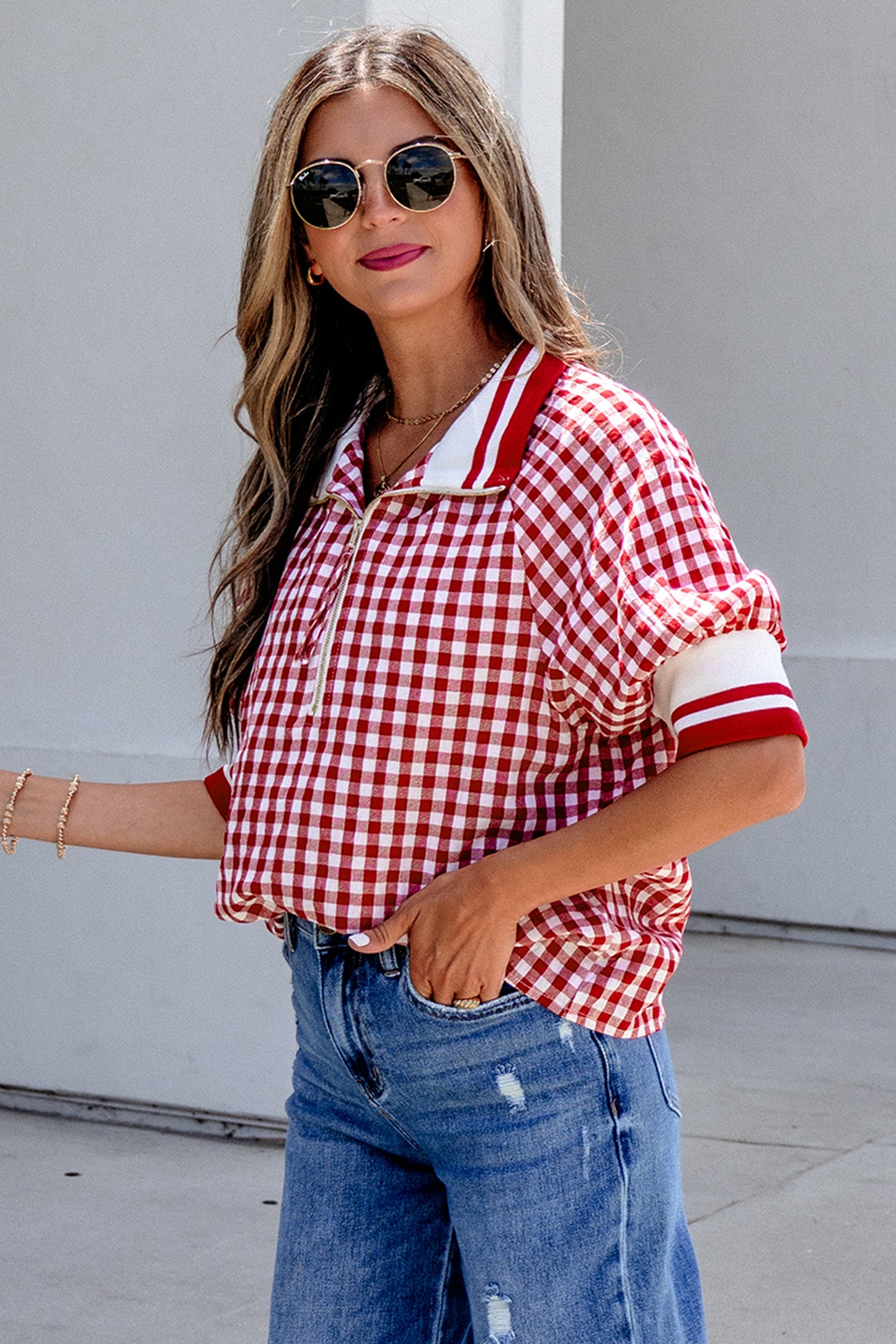 Red Gingham Striped Patchwork Half Zip Blouse