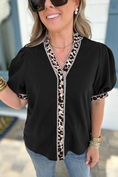 Black V Neck Short Puff Sleeve Contrast Striped Leopard Trim Button Down Shirt