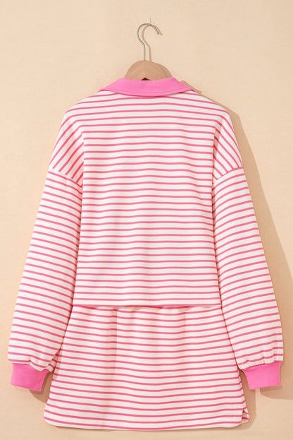 Green Stripe Collared V Neck Drop Shoulder Pullover and Skort 2pcs Outfit