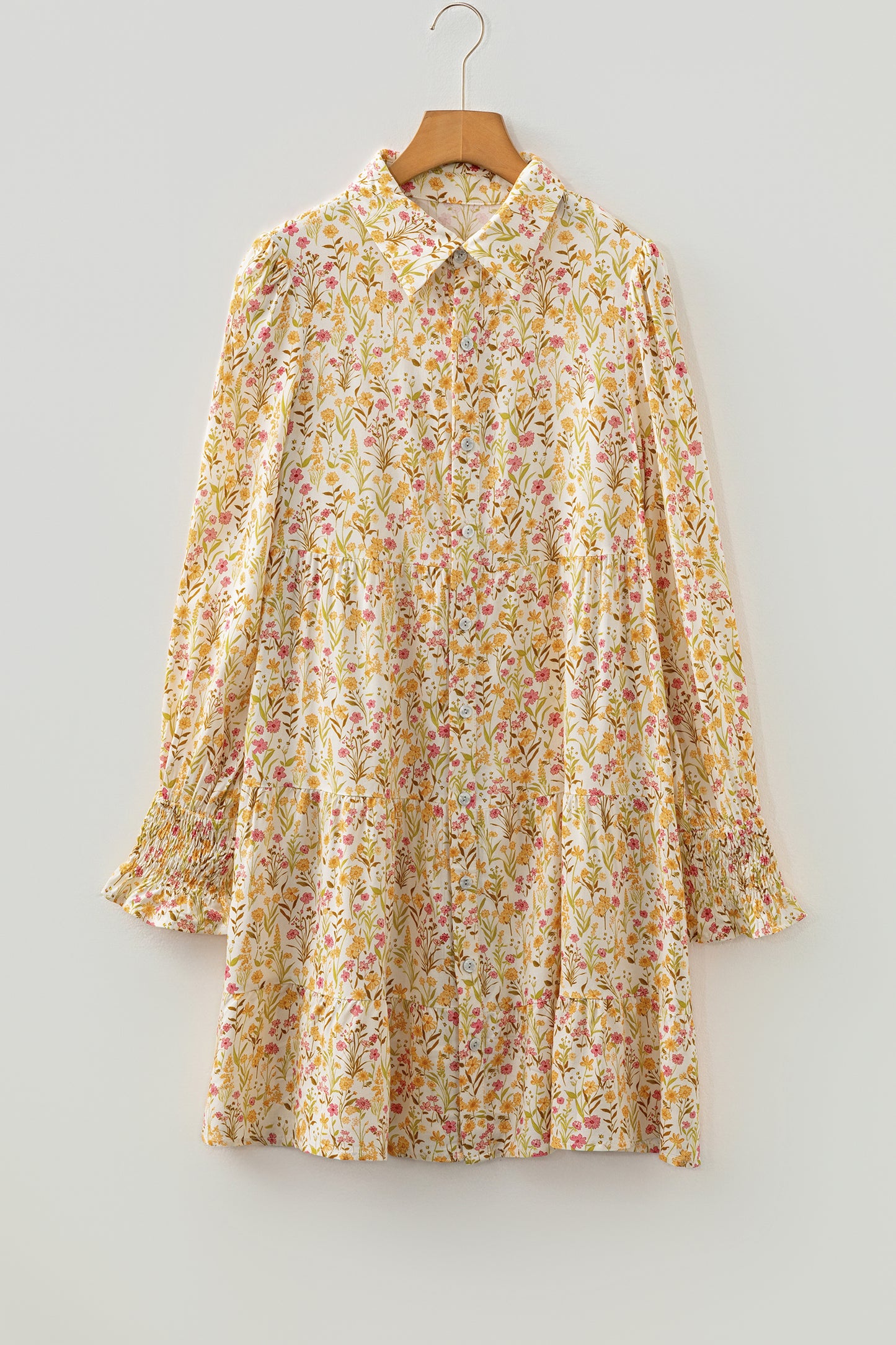 Yellow Floral Print Frilly Trim Smocked Cuff Long Sleeve Loose Shirt Dress