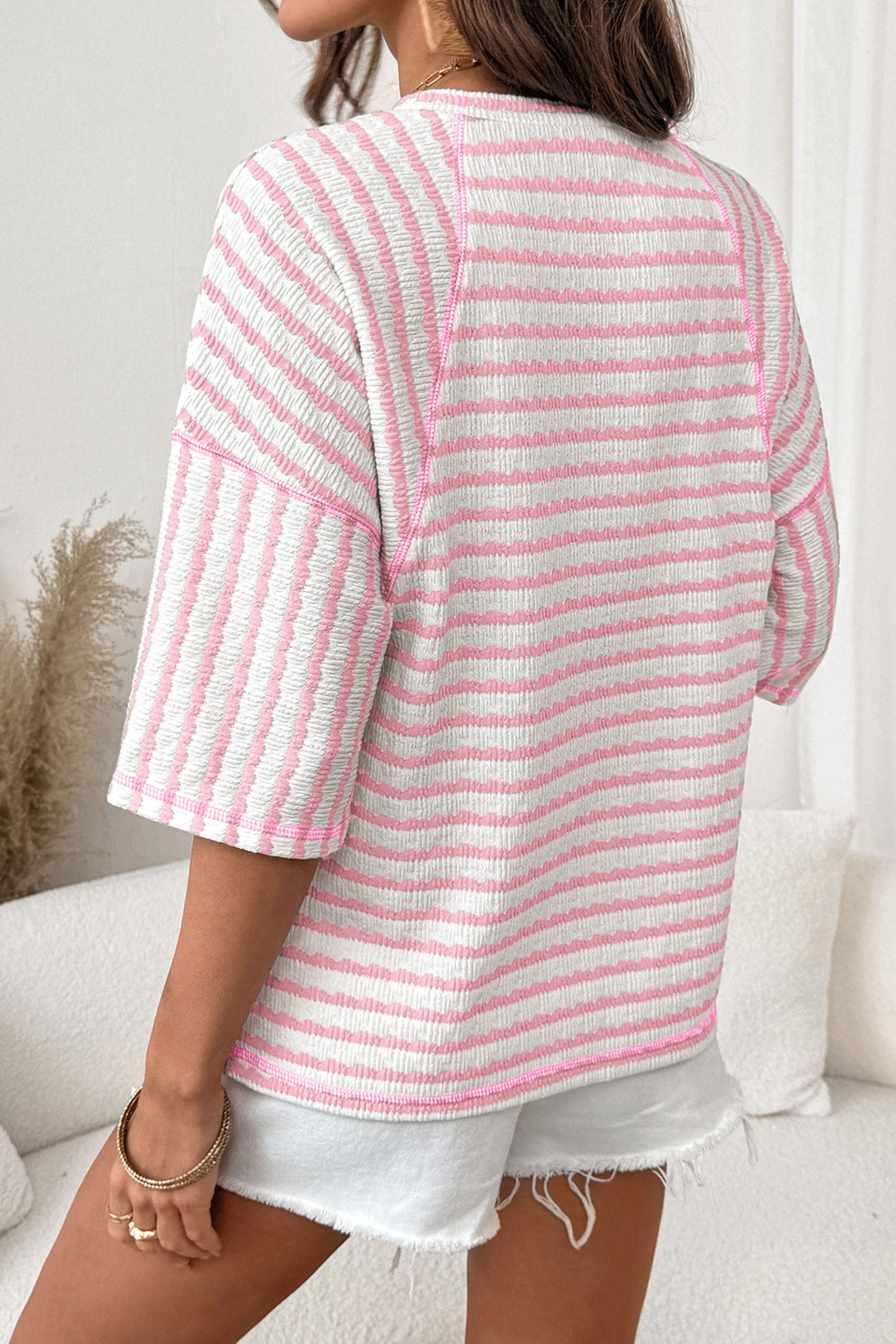 Pink Stripe Textured Knit Split Hem Half Sleeve Loose Top