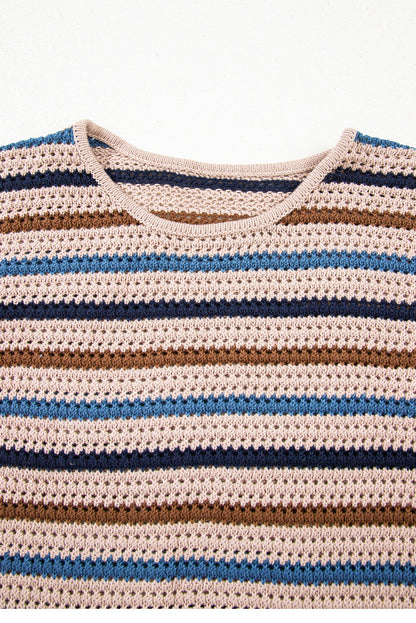 Multicolour Striped Knitted Drop Shoulder Round Neck Sweater