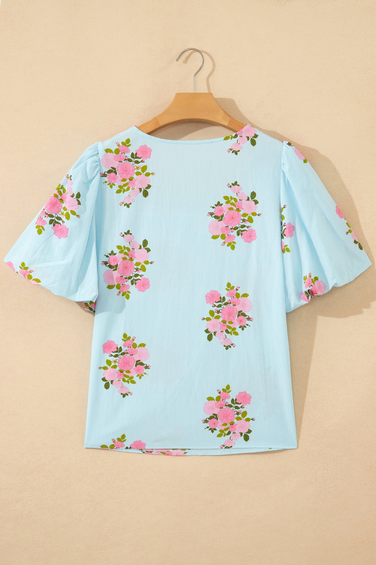 Sky Blue Floral Printed Contrast Ricrac Detail Bubble Sleeve Blouse