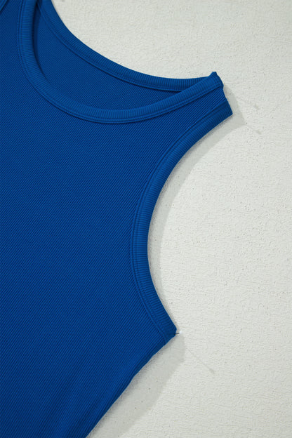 Mist Blue Ribbed Slim Tank Pocketed Wide Leg Shorts Set