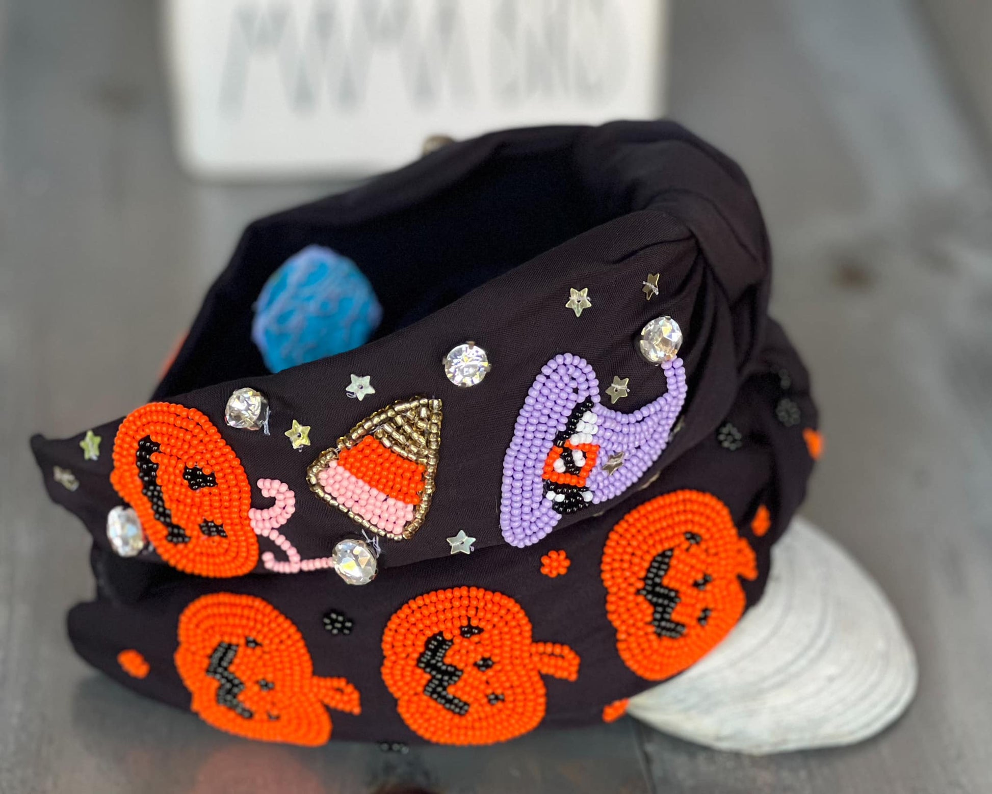 Jack O' Lantern Pumpkin Top Knot Beaded Handmade Headband - OBX Prep