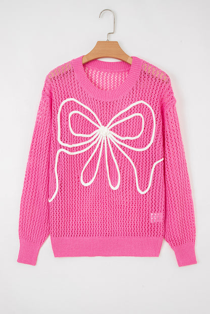 Sachet Pink Sweet Bow Decor Hollow Out Knitted Drop Shoulder Sweater