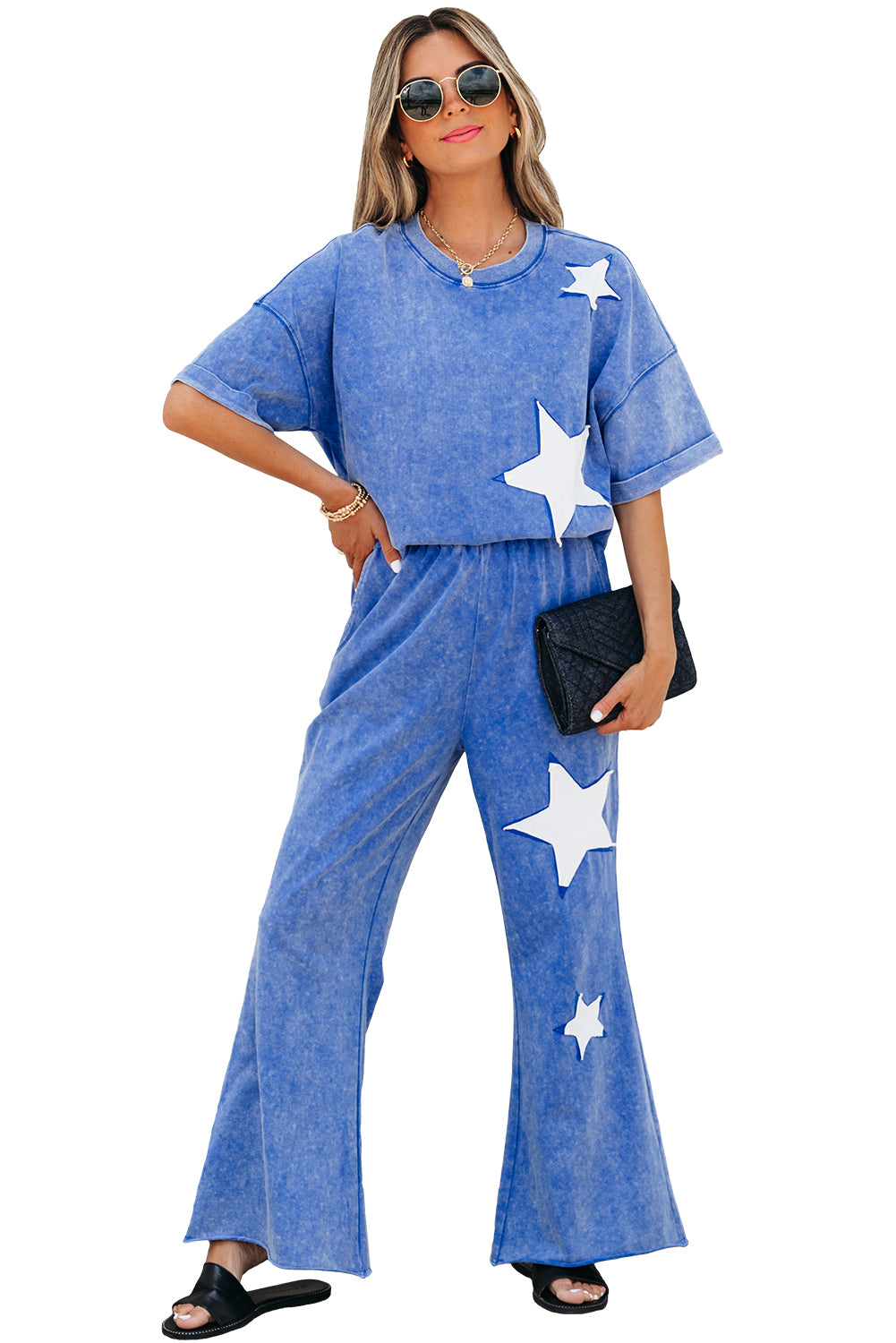Ashleigh Blue Acid Wash Star Patched Rolled Trim Pants Set