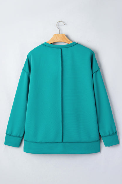 Sea Green Horizontal Ribbed Exposed Seam Detail Drop Shoulder Baggy Pullover