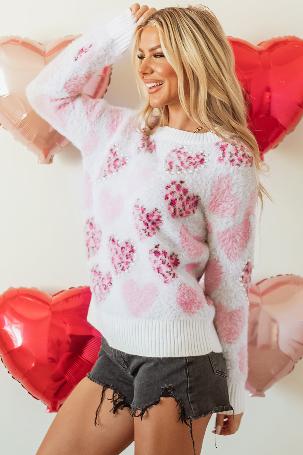 Pink Heart Leopard Print Pearled Ribbed Trim Fuzzy Sweater