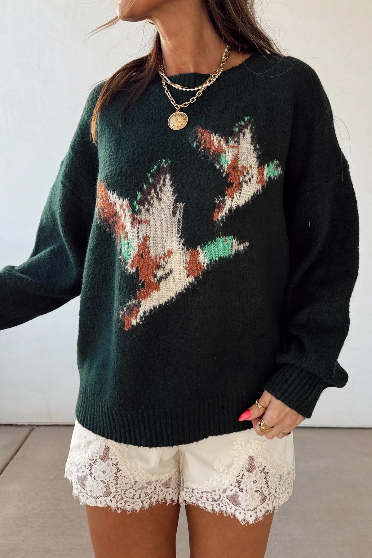 Green Wild Mallard Drop Shoulder Round Neck Long Sleeve Pullover Sweater