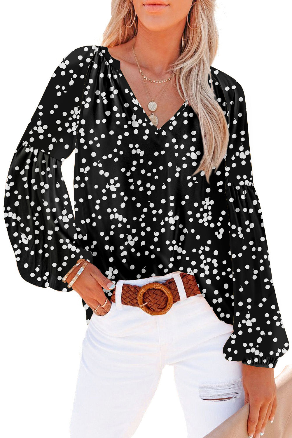 Orange Floral Print V Neck Long Puff Sleeve Top