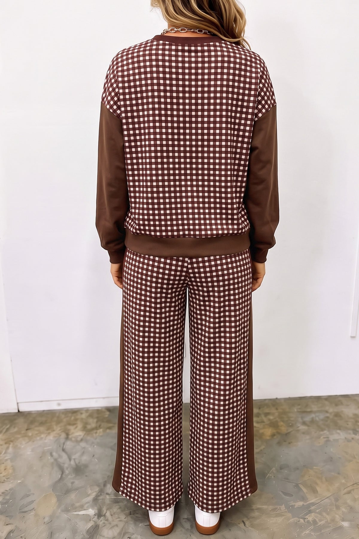 Pink Color Block Plaid Patchwork Long Sleeve Pullover Wide Leg Pant Set