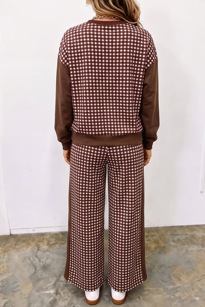 Pink Color Block Plaid Patchwork Long Sleeve Pullover Wide Leg Pant Set