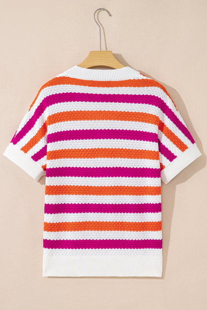 Green Stripe V Neck Short Sleeve Sweater with Side Slits