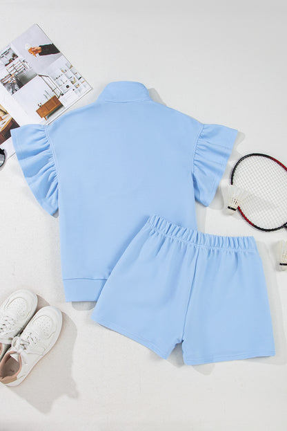 Beau Blue Ribbed Texture Half Zip Ruffled Short Sleeve Top and Shorts Set