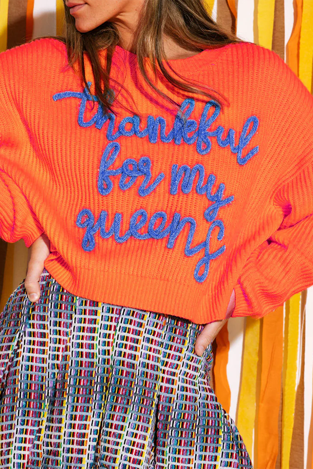 Vitality Orange Thankful for my queens Ribbed Knit Drop Shoulder Graphic Sweater