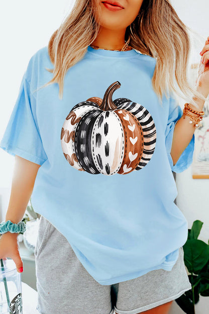 Light Blue Thanksgiving Pumpkin Print Graphic T-Shirt