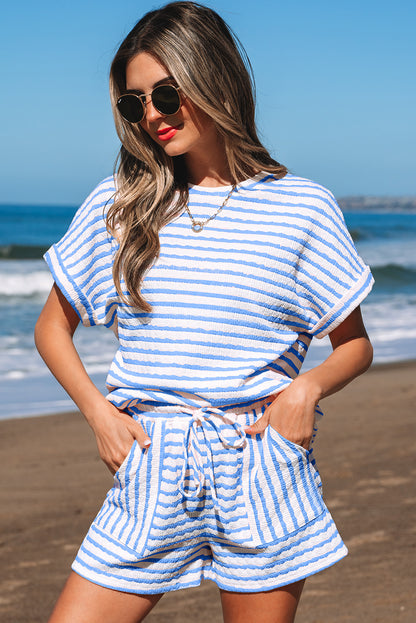 Sky Blue Stripe Knitted Short Sleeve Top and Drawstring Shorts Set