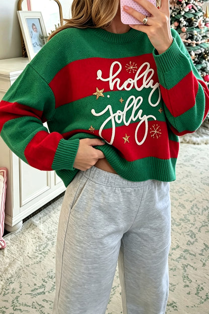 Pink Stripe Festive Holly Jolly Sequin Christmas Holiday Sweater