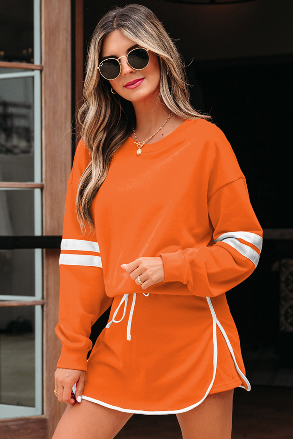 Evergreen Varsity Stripe Detail Drop Shoulder Pullover Mini Skirt Set