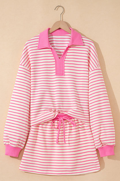 Green Stripe Collared V Neck Drop Shoulder Pullover and Skort 2pcs Outfit