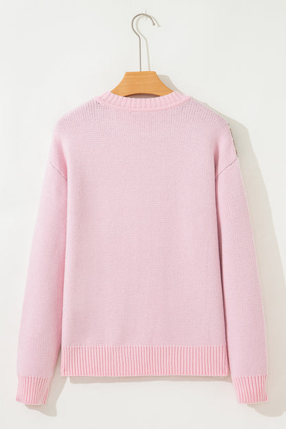Pink Christmas Ginger Bread Man Print Round Neck Casual Sweater