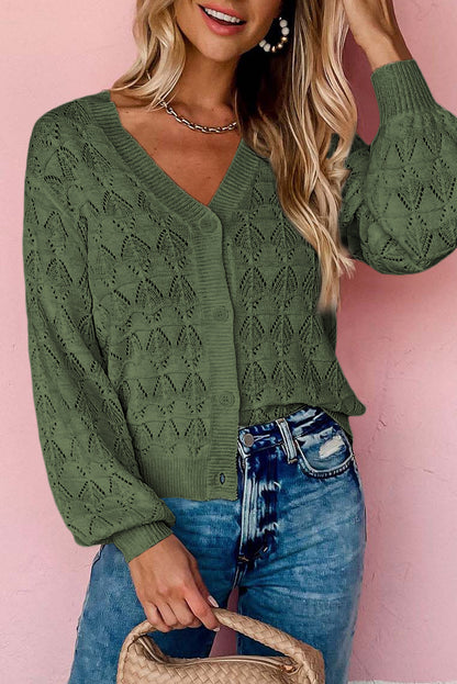 Green Lightweight Buttoned Front Crochet Cardigan