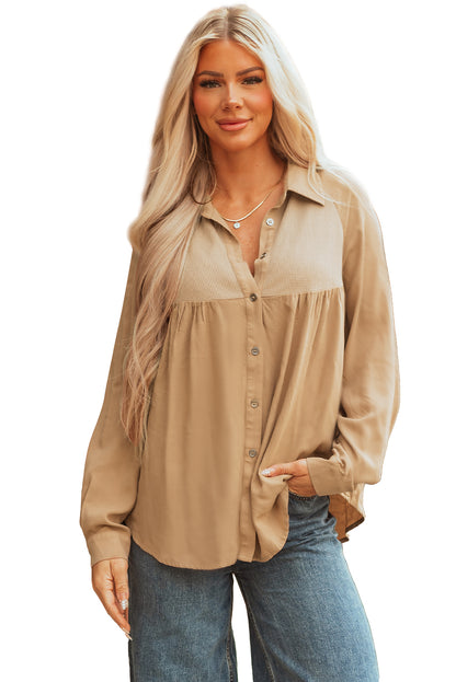 Light French Beige Waffle Patchwork Button Up Frayed Hem Shirt