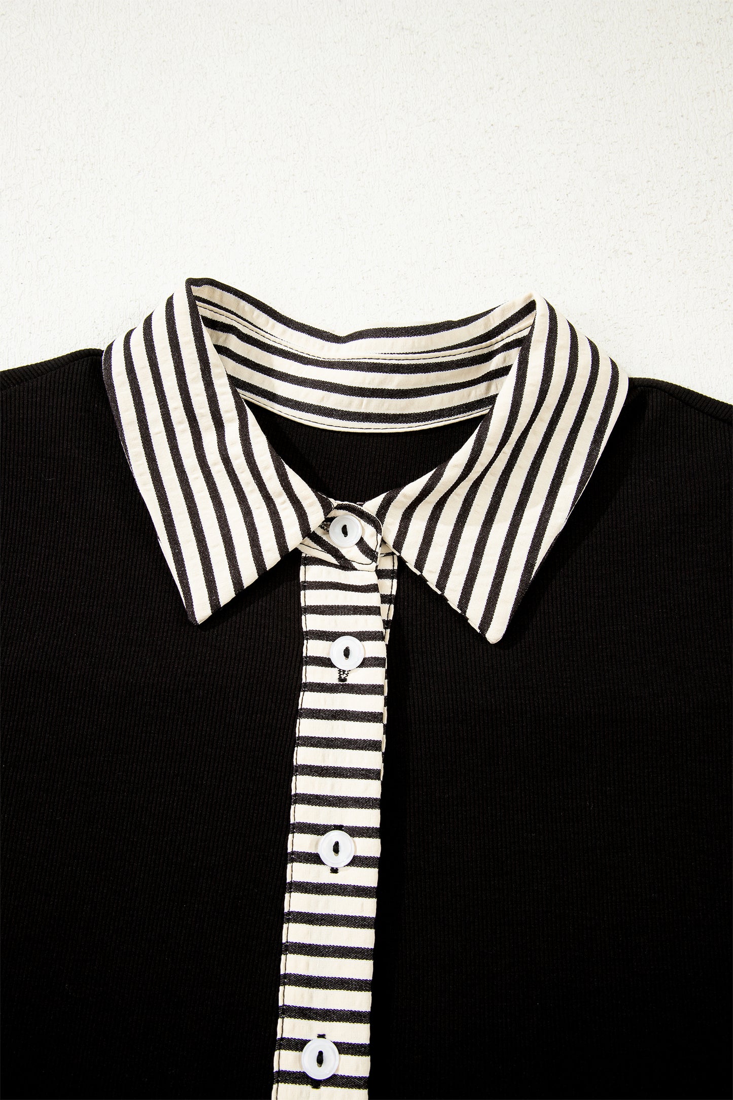 Black Stripe Detail Polo Collar Half Buttons Tied Short Sleeve Shift Mini Dress