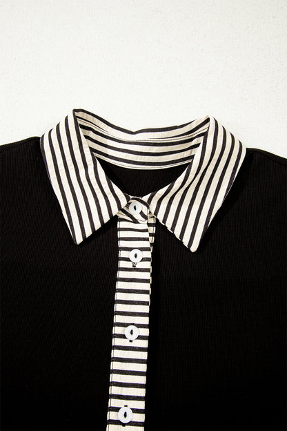 Black Stripe Detail Polo Collar Half Buttons Tied Short Sleeve Shift Mini Dress