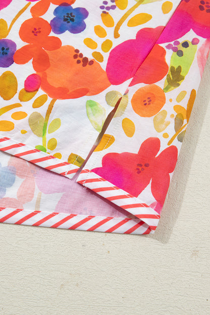 Rose Striped Trim Collared V Neck Short Sleeve Floral Print Blouse