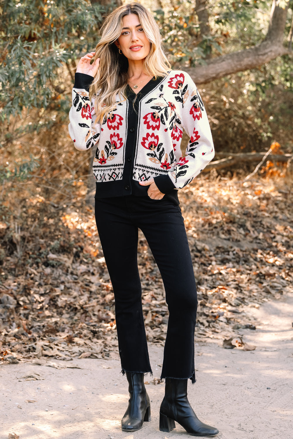 Black Floral Print Buttoned Front V Neck Knit Cardigan