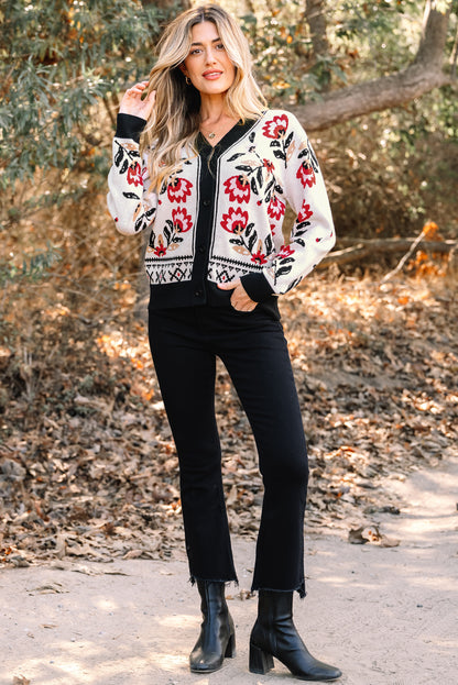 Black Floral Print Buttoned Front V Neck Knit Cardigan