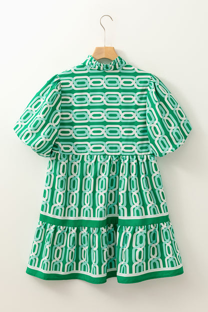 Bright Green Abstract Patterned V Neck Puff Short Sleeve Mini Dress
