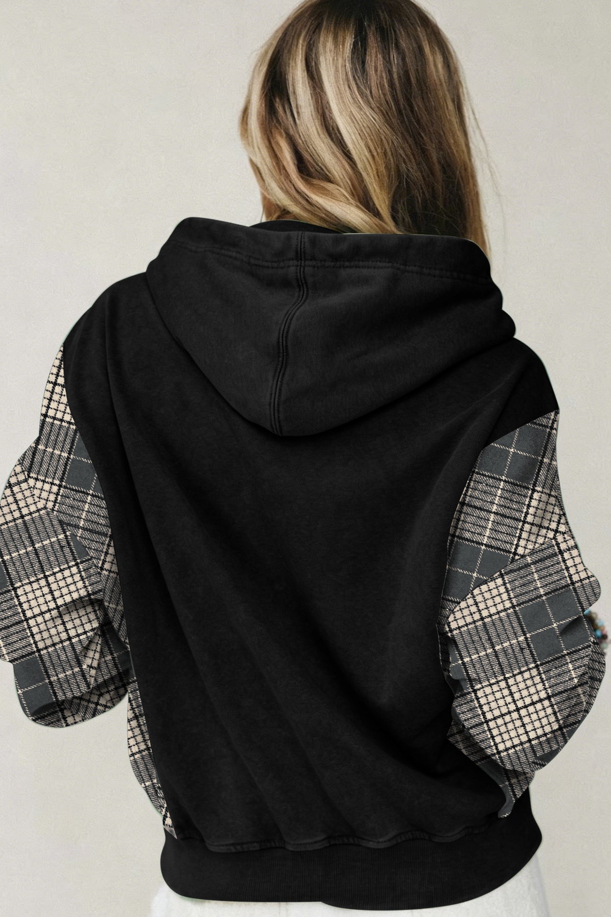 Moss Green Plaid Sleeve Drawstring Pocket Hooded Sweatshirt