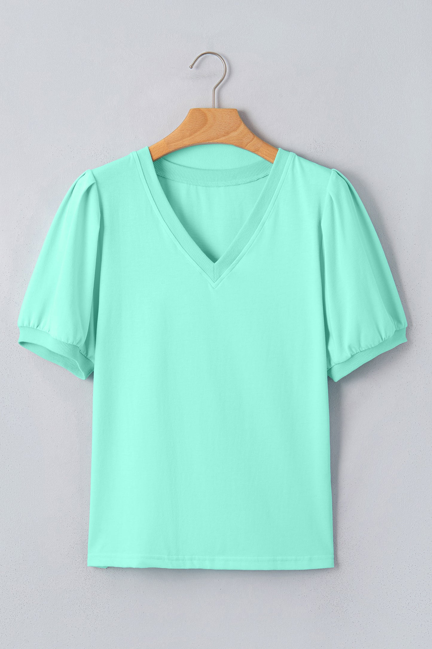 Yellow Solid Color V Neck Short Puff Sleeve Blouse