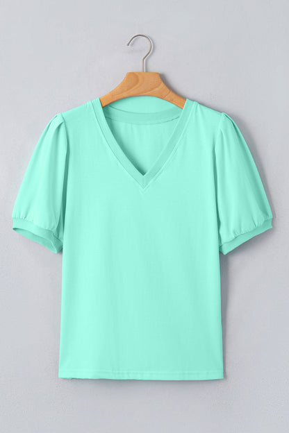 Yellow Solid Color V Neck Short Puff Sleeve Blouse