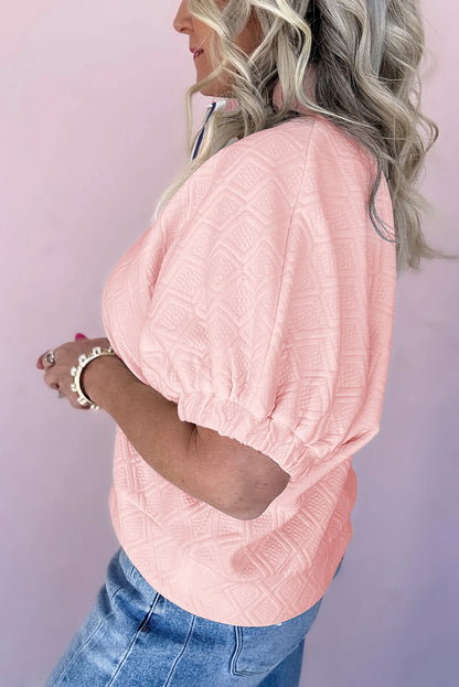 Light Pink Contrast Striped Collar Patchwork Textured Half Sleeve Blouse