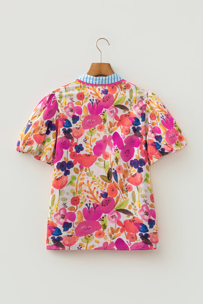 Rose Floral Print V Neck Short Puff Sleeve Cotton Blouse