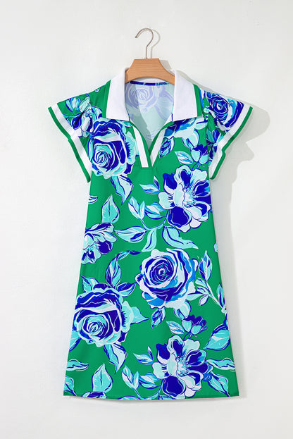 Bright Green Contrast Floral Print Collared V Neckline Ruffled Cap Sleeve Shift Dress with Pockets