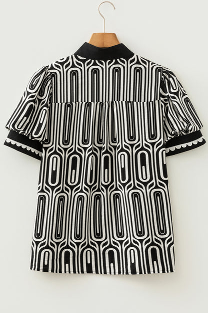 Black Geometric Print Contrast Scallop Color Block Patchwork Short Sleeve Blouse