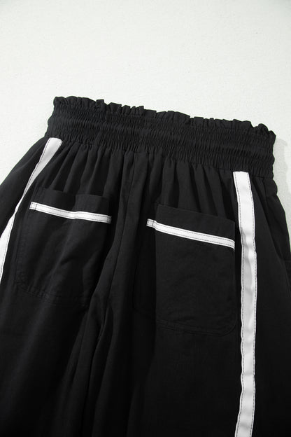 Bright Green Contrast Striped Smocked Waist Drawstring Cropped Casual Pants