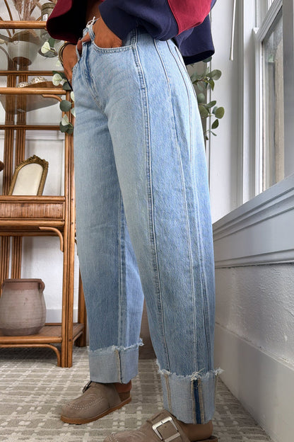 Sail Blue Raw Hem Turnup Loose Ankle-length Jeans