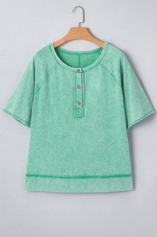 Mint Green Half Buttons Raw Seam Raglan Sleeve Mineral Wash T Shirt