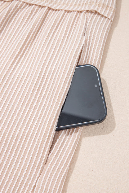 Bright Pink Spiral Ribbed Short Sleeve V Neck Buttoned Romper with Pocket