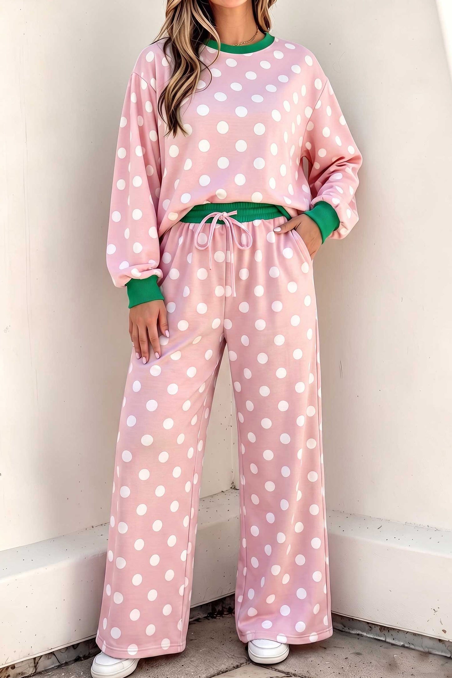 Khaki Polka Dot Contrast Trim Long Sleeve Top Drawstring Shift Pants Set